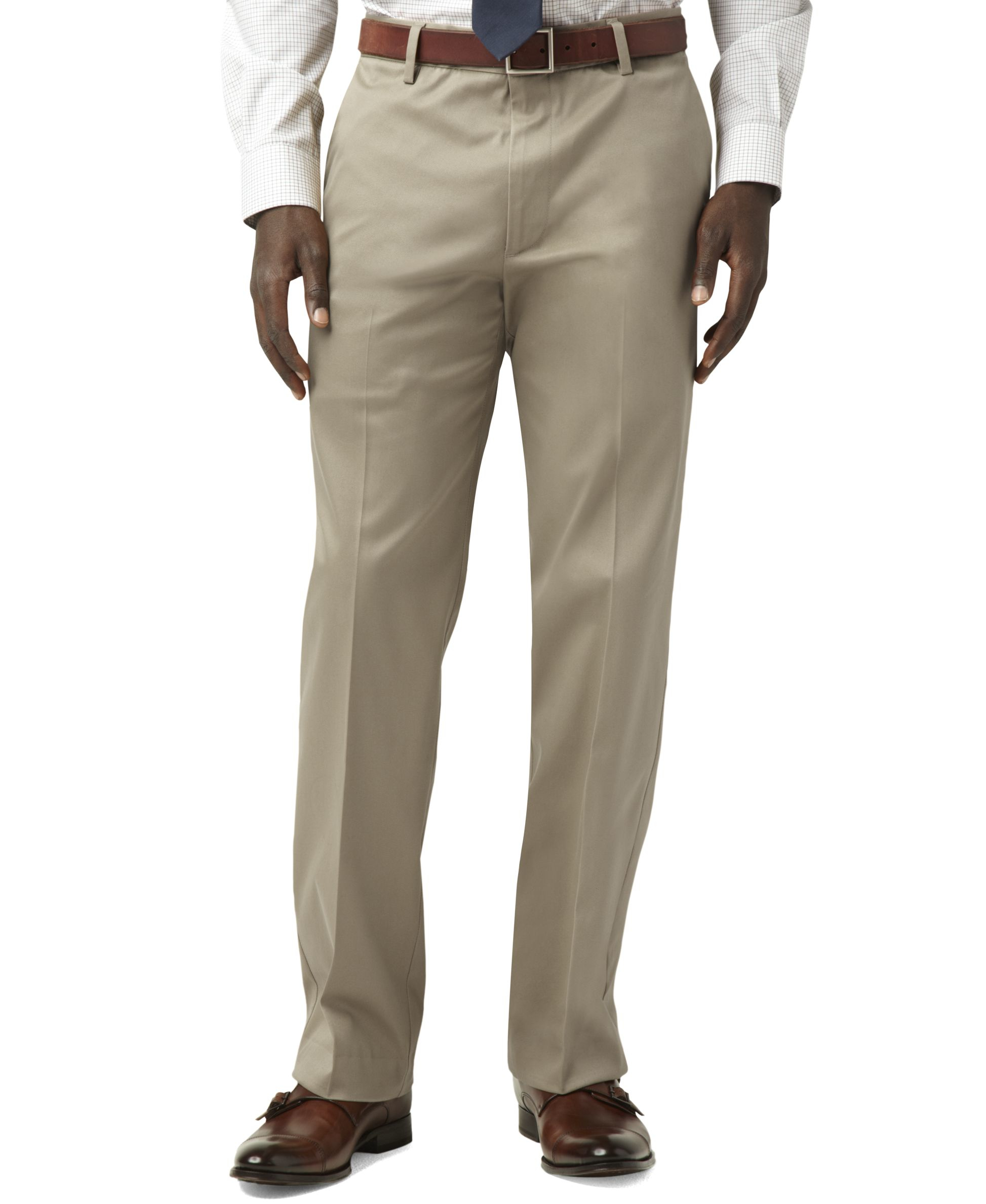 Item Information Haggar® Cool 18 Pro® Stretch classic flat front pants feature functional front and back pockets, no iron wrinkle free material, a straight leg and a hidden expandable waist. Also features Shirt Gripper technology on the inner waist to keep you tucked in. % Polyester.